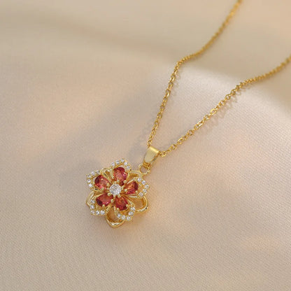 Stainless Steel Gold Plated Rotatable Flower Necklace