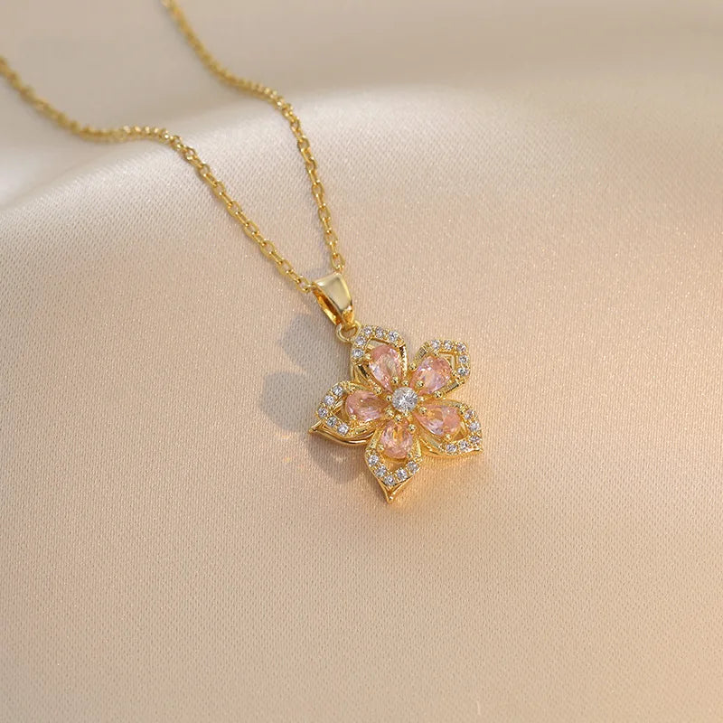 Stainless Steel Gold Plated Rotatable Flower Necklace
